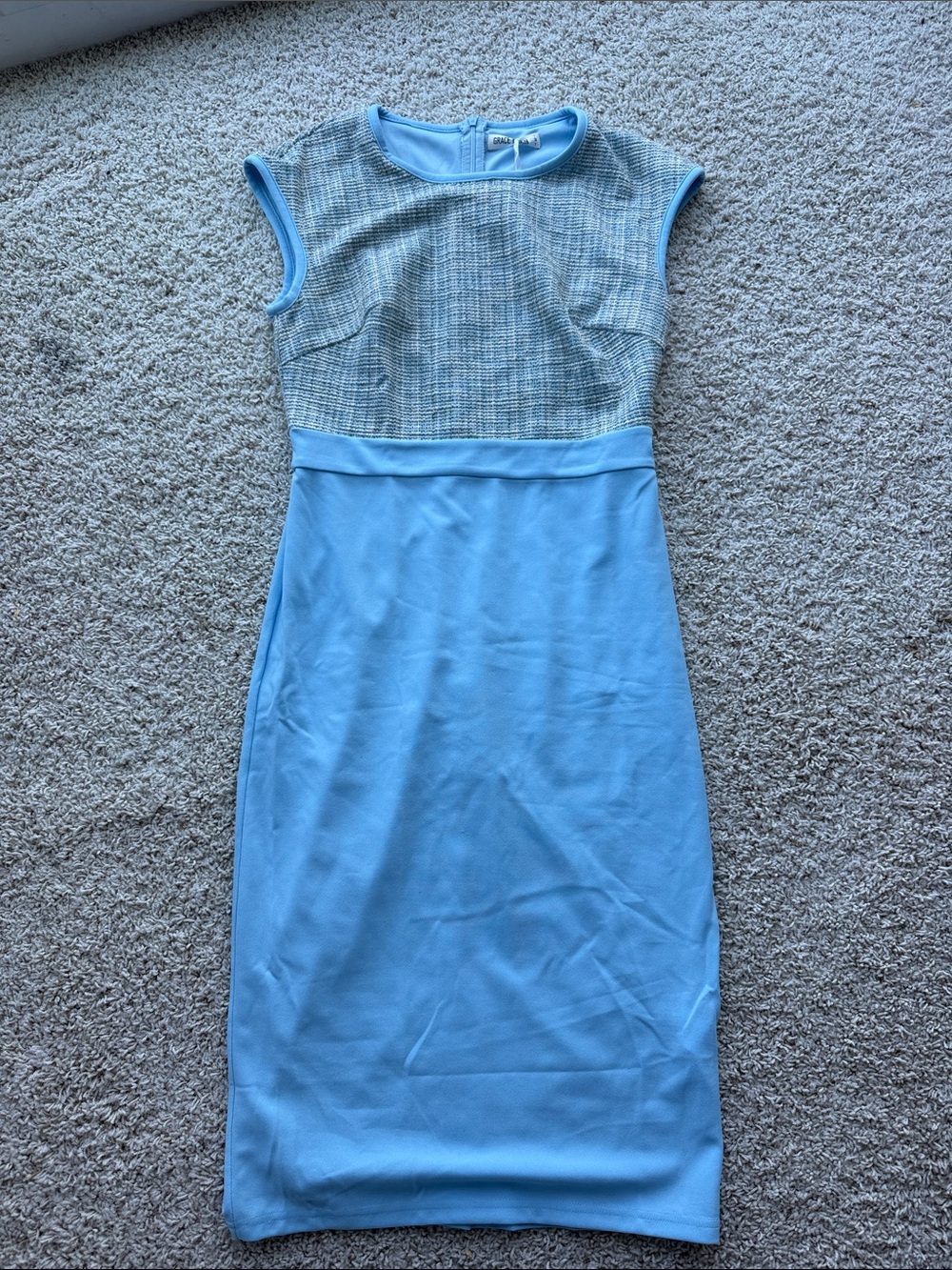 Grace Karin Sky Blue & Textured Bodice Cap-Sleeve Midi Dress